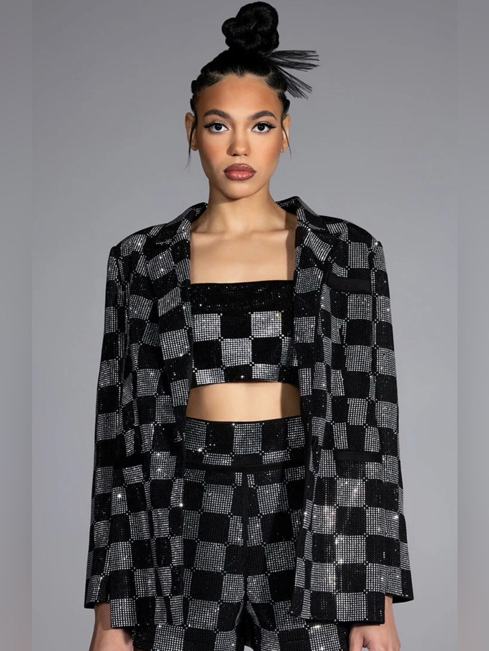 Akira Black & Silver Sequin Checkerboard Blazer
